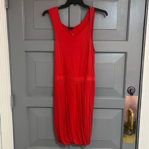 Theory Red Modal Bubble Hem Draped Sleeveless Minimalist Dress Sz M - Picture 1 of 7